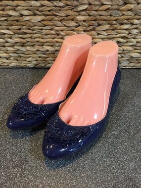 Talbots Navy Patent Leather Ruffle Pointed Flats